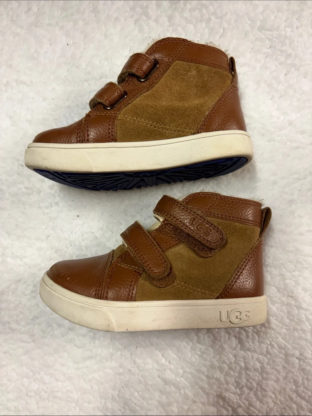 UGG size 8 Kids Brown & Tan Leather Suede Velcro Boots with Blue Tread